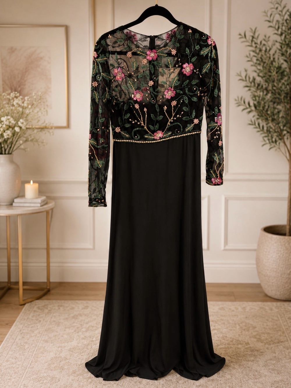 Mac Duggal 67870 Black Multi Floral Beaded Illusion Long Sleeve Trumpet Gown NWT - Picture 1 of 4